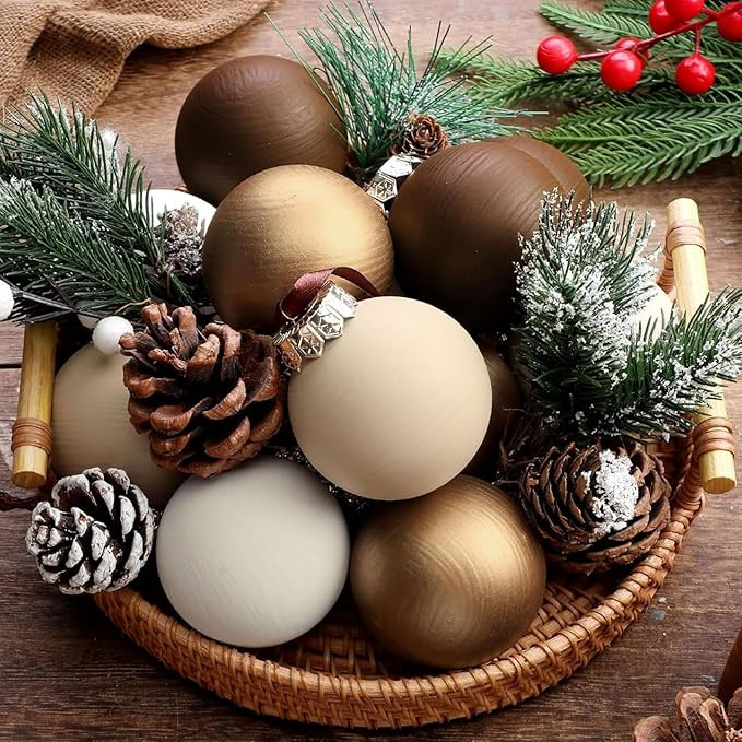 12 Pcs Neutral Textured Christmas Ball Ornaments 2.4 Inch Rustic Matte Cream Ivory Brown Gold Xma... | Amazon (US)