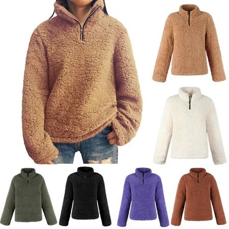 Asian size Women's Stand Collar Long Sleeve Fleece Zip Pullover Jacket Outwear Sweatshirt Blouse Top | Walmart (US)