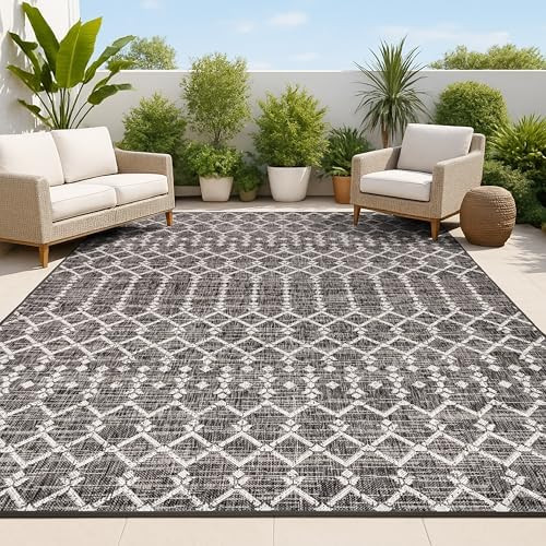 JONATHAN Y Moroccan Geometric Indoor Outdoor Area Rug 8X10 Black/Gray, Ourika Textured Weave for ... | Amazon (US)