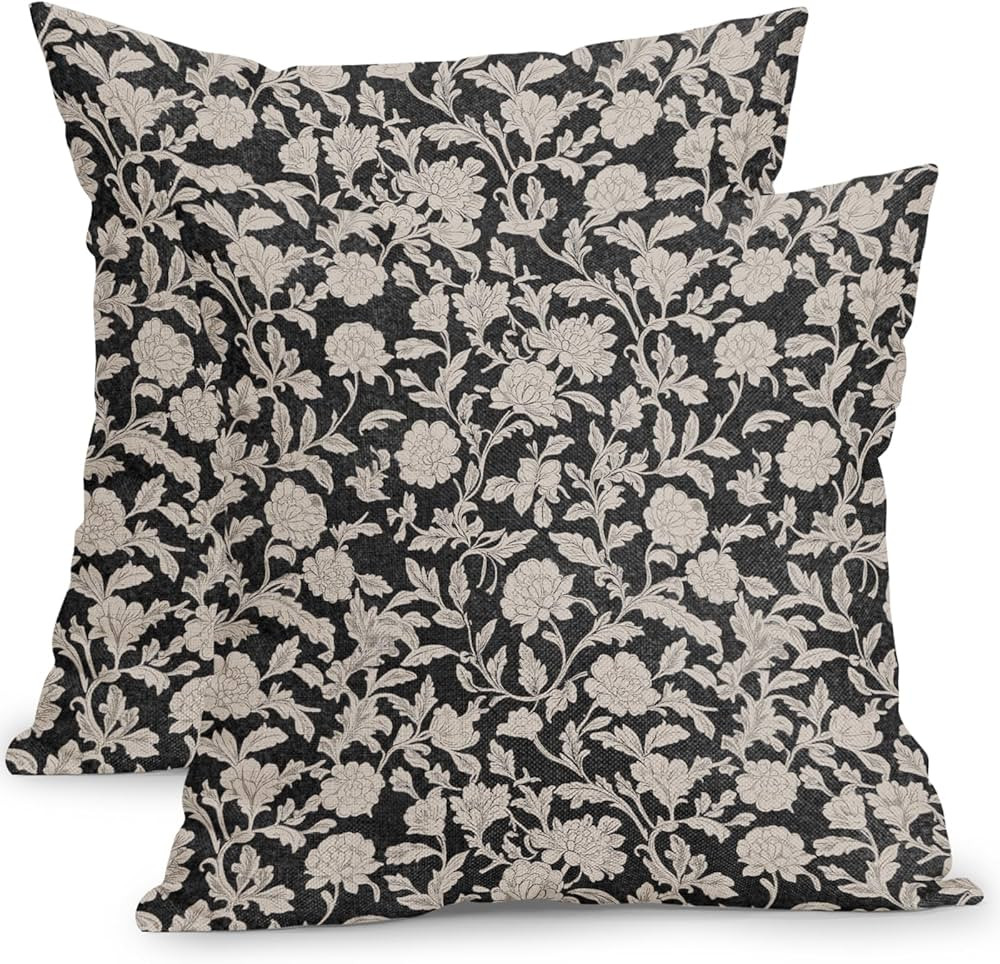Vintage Black Floral Pillow Covers 24x24 Inch Set of 2 Modern Neutral Block Print Outdoor Decorat... | Amazon (US)