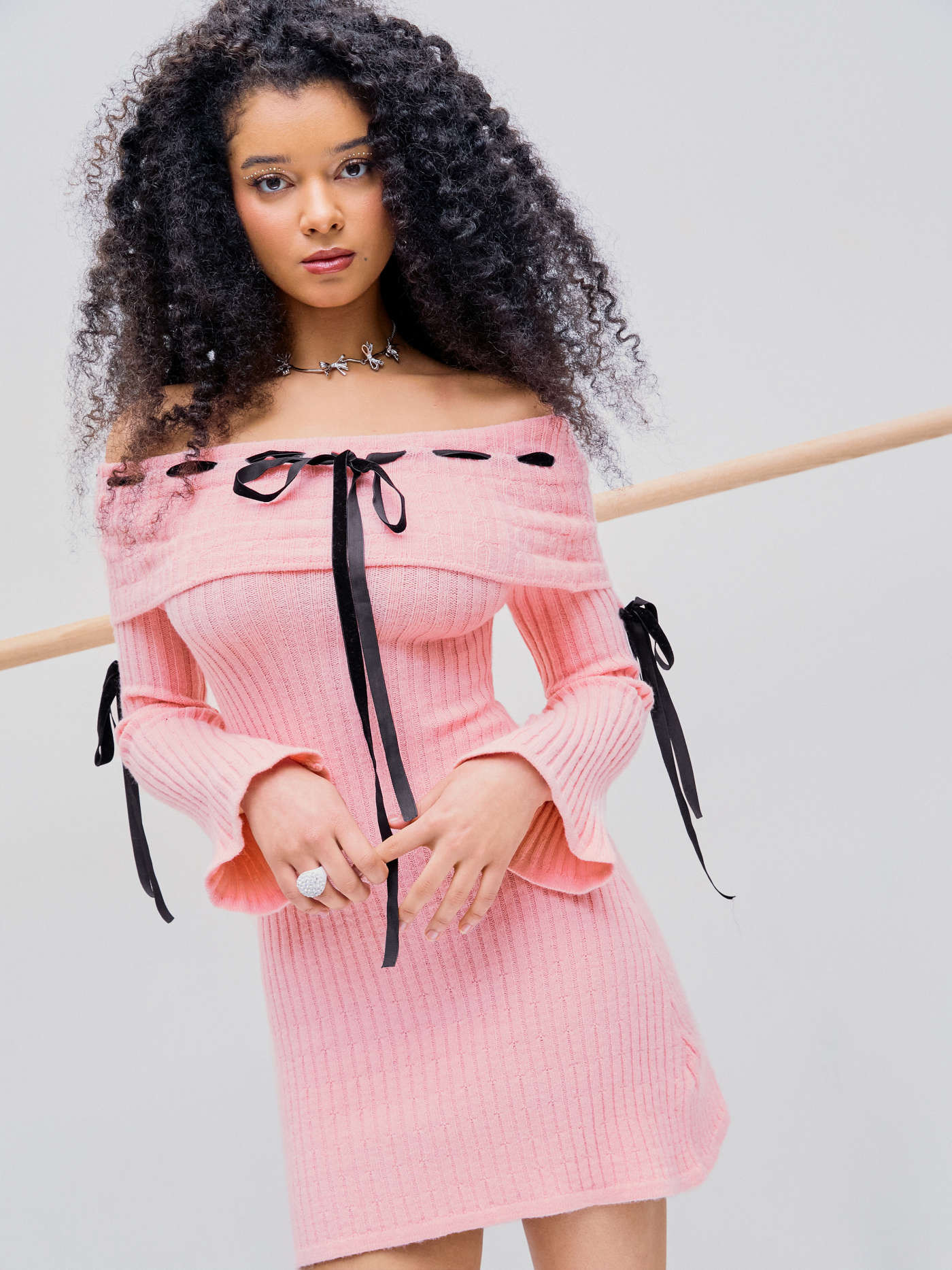 Fall Dresses Knit Fabric Knitted Off-shoulder Lace Up Mini Dress For Date | Cider