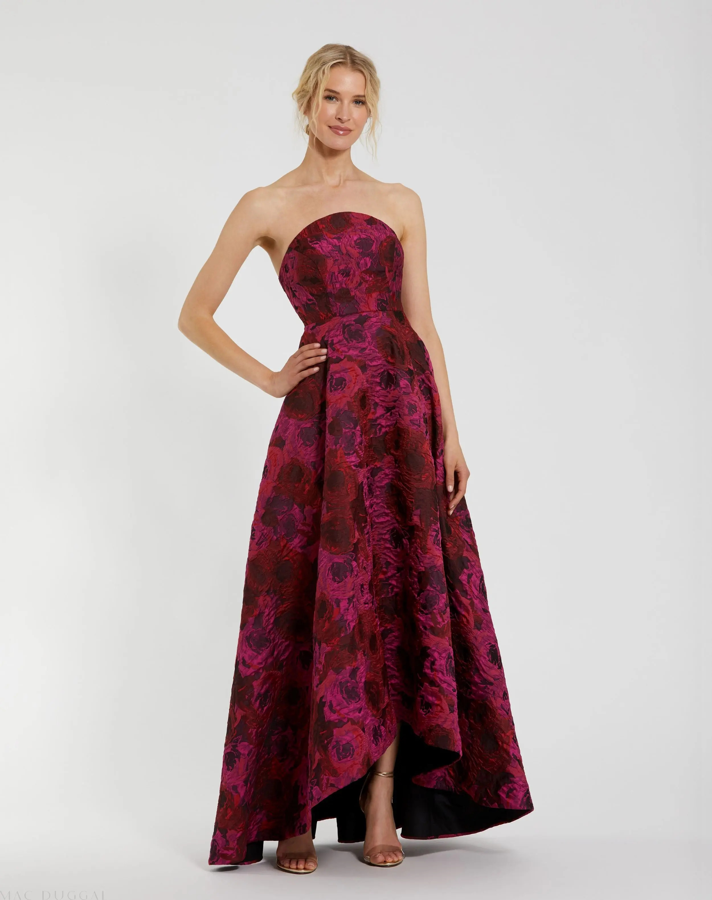 Multicolor Strapless Brocade High Low A Line Gown | Mac Duggal | Mac Duggal