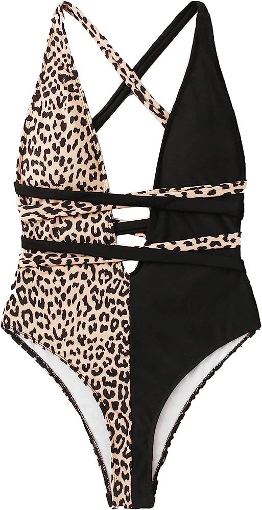 SweatyRocks Women's Sexy Bathing Suits Criss Cross Tie Knot Front Deep V Open Back Leopard One Pi... | Amazon (US)