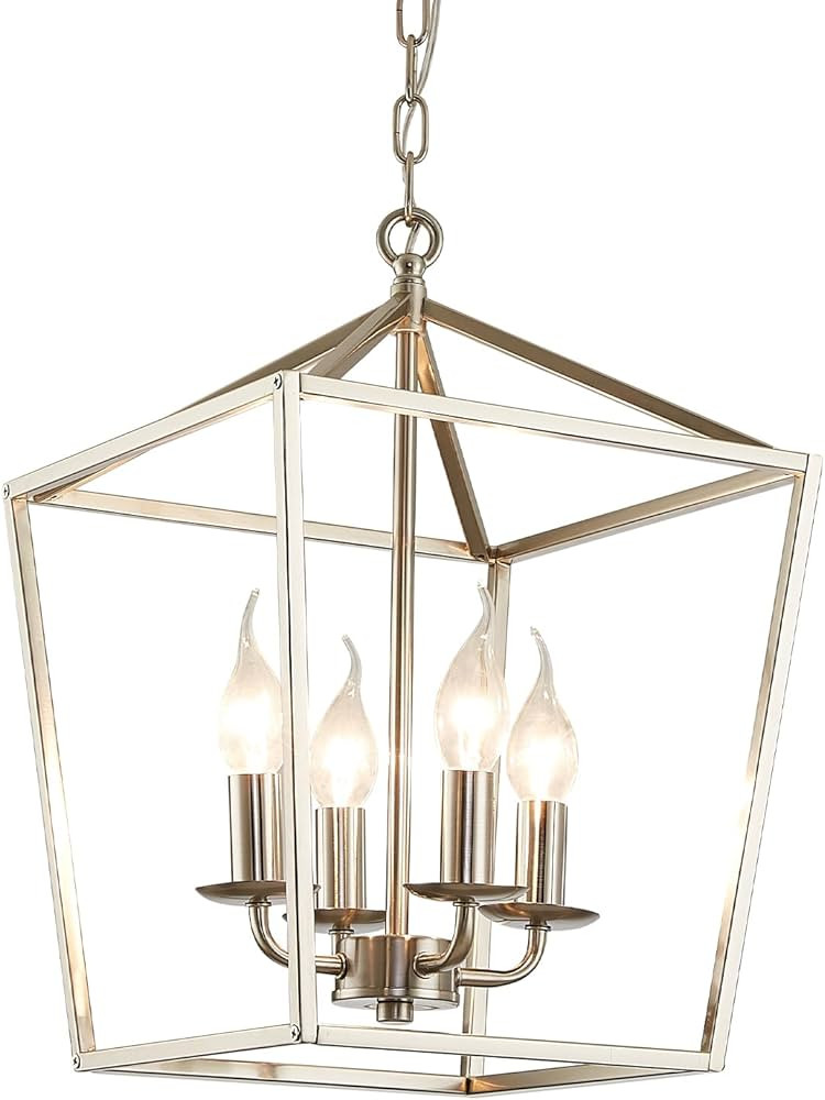 4-Light Brushed Nickel Farmhouse Chandelier, 12" Industrial Ceiling Light Lantern Chandelier with... | Amazon (US)