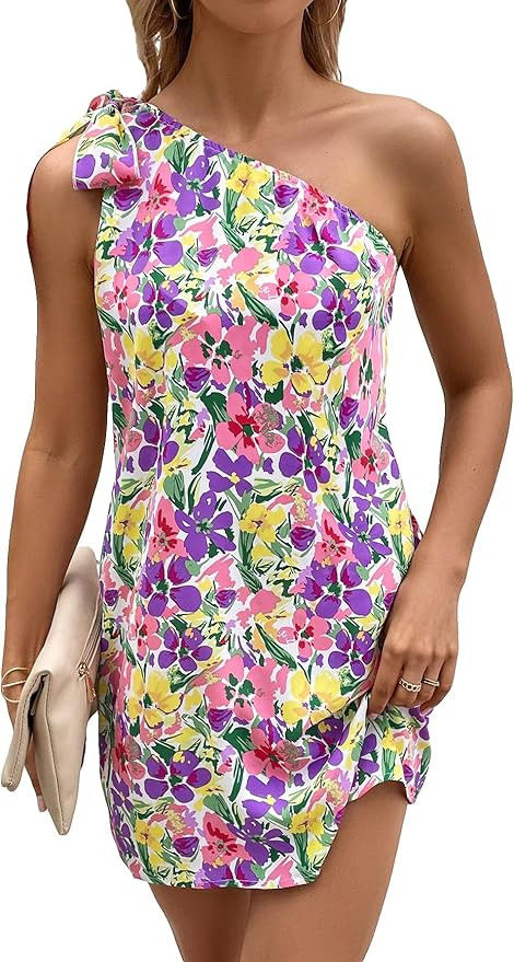 SOLY HUX Women's Summer Dresses Floral Print Knot One Shoulder Sleeveless Tunic Mini Dress | Amazon (US)