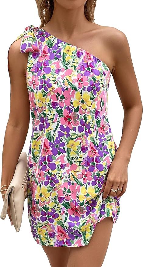 SOLY HUX Women's Summer Dresses Floral Print Knot One Shoulder Sleeveless Tunic Mini Dress | Amazon (US)