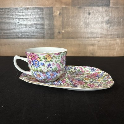 Exclusive Pink Floral Teacup & Snack Plate Pink Blue Gold Trim Dishwasher Safe | eBay | eBay US