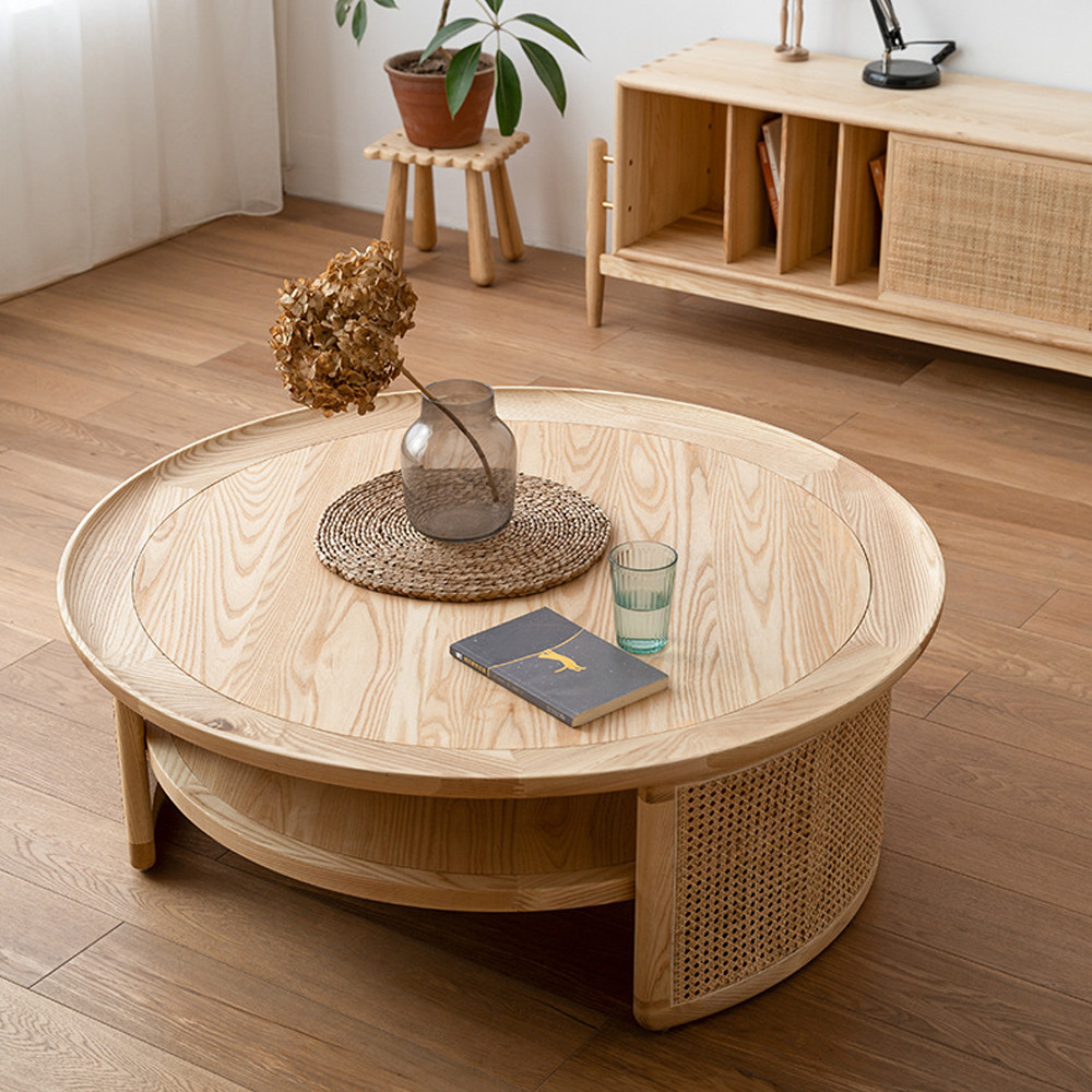 2-Tiered Japandi Round Wood Coffee Table with Rattan Base | Homary
