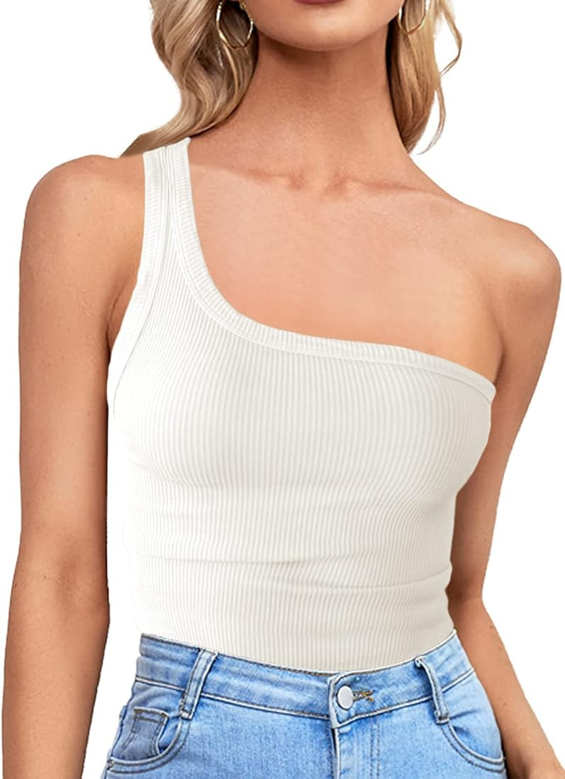 Womens One Shoulder Tops Summer Sleeveless Ribbed Tank Top Casual Slim Basic Tees | Amazon (US)