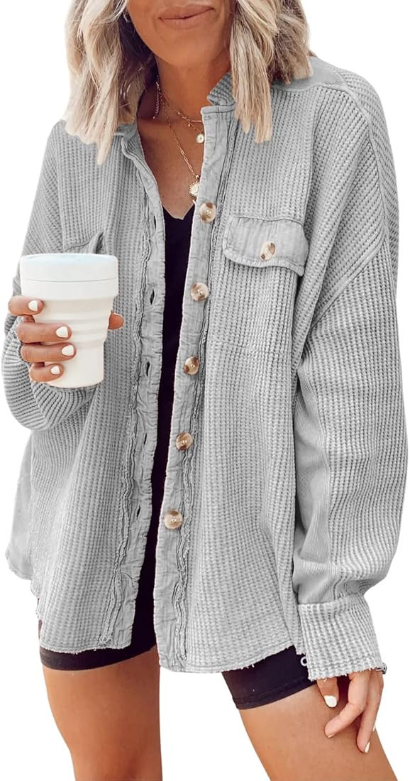 Women's Loose Fit Batwing Sleeve Waffle Knit Button Down Shirt Shacket Tops | Amazon (US)
