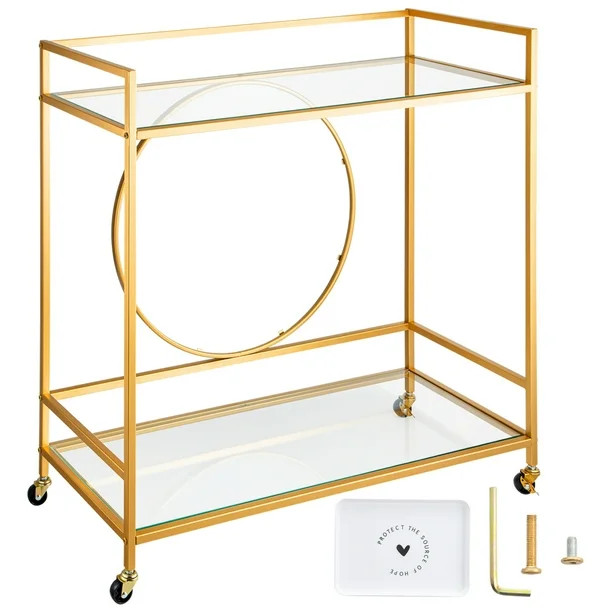 VEVOR Bar Cart, Two Tier Serving Cart, Gold Finish Wine Cart, 36.2"L x 15"W x 36.6"H Rolling Bar ... | Walmart (US)