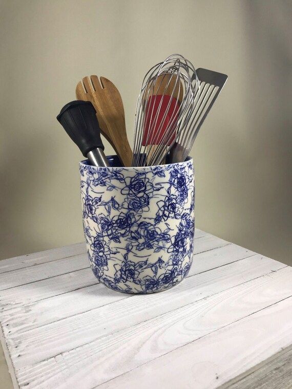 Porcelain Utensil Holder With Blue Flower Design for Kitchen | Etsy | Etsy (US)