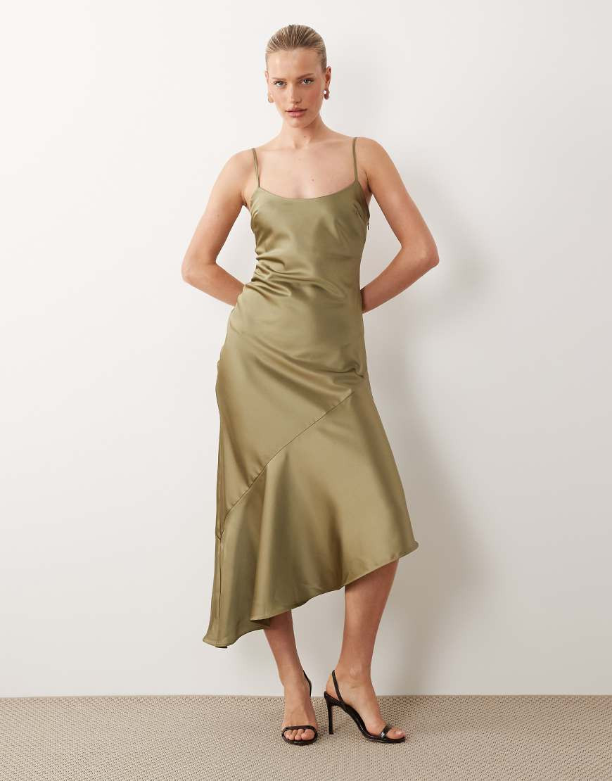 ASOS DESIGN satin asymmetric hem slip dress in khaki-Green | ASOS (Global)