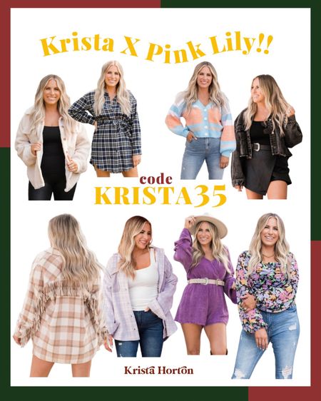 You can shop my pink lily line with 35% off using my code KRISTA35!! 

#womensshacket #womensfashion #plaidshacket #fringejacket #kardigan #plaiddress #floralblouse #romper #purpleshacket #kristahortonxpinklily #pinklily #kristahorton #salealert #fauxleatherleggings

#LTKHoliday #LTKSeasonal #LTKGiftGuide