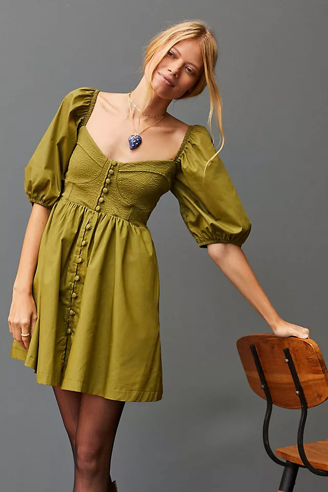 Maeve Puff-Sleeved Sweetheart Mini Dress | Anthropologie (US)