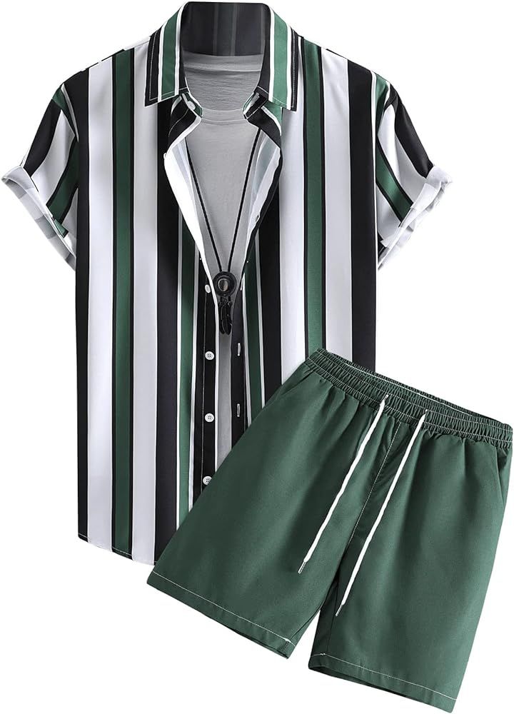OYOANGLE Men's 2 Piece Outfits Short Sleeve Striped Button Down Shirt and Shorts Sets | Amazon (US)