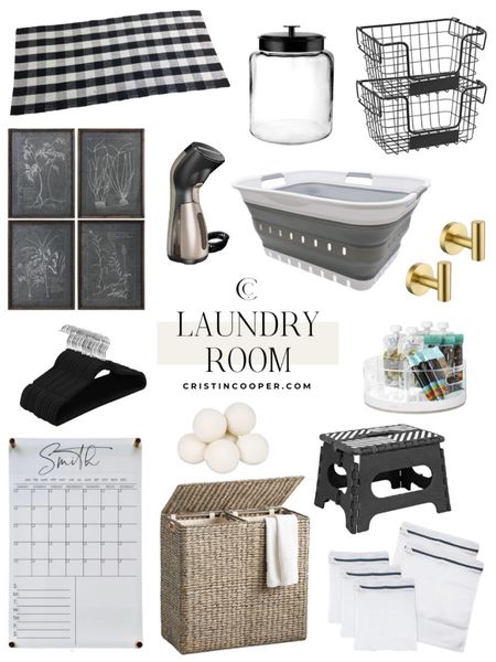Laundry room supplies.

Gingham rug // clear jar // stackable baskets // black and white art // steamer // collapsible laundry hamper // wall hooks // velvet hangers // deep lazy Susan // family calendar // dryer balls // folding stool // sorting laundry basket // reusable bags

For more home finds head to cristincooper.com 

#LTKhome