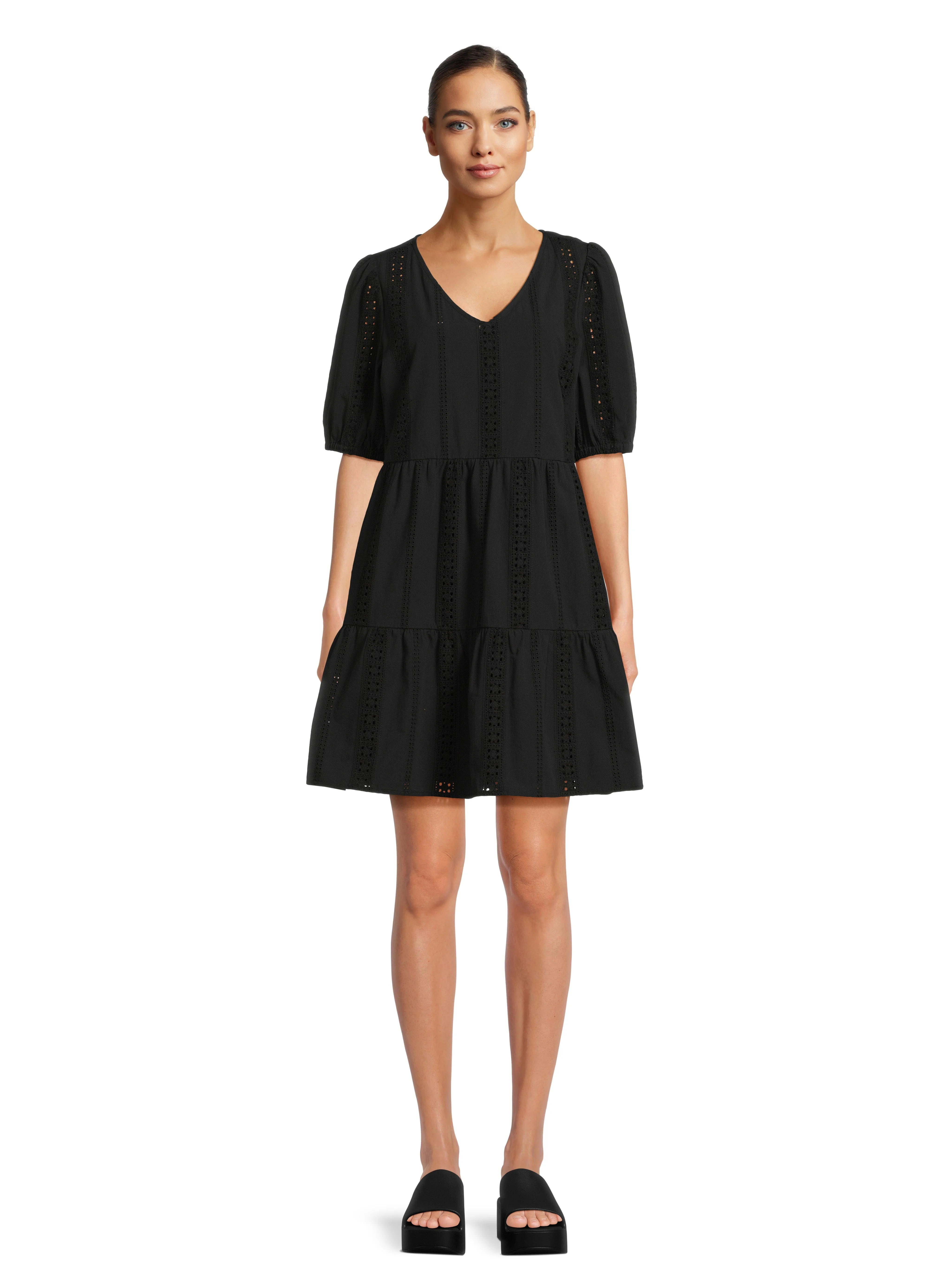 Time and Tru Women's and Women's Plus Eyelet Mini Dress with Puff Sleeves, Sizes XS-4X | Walmart (US)