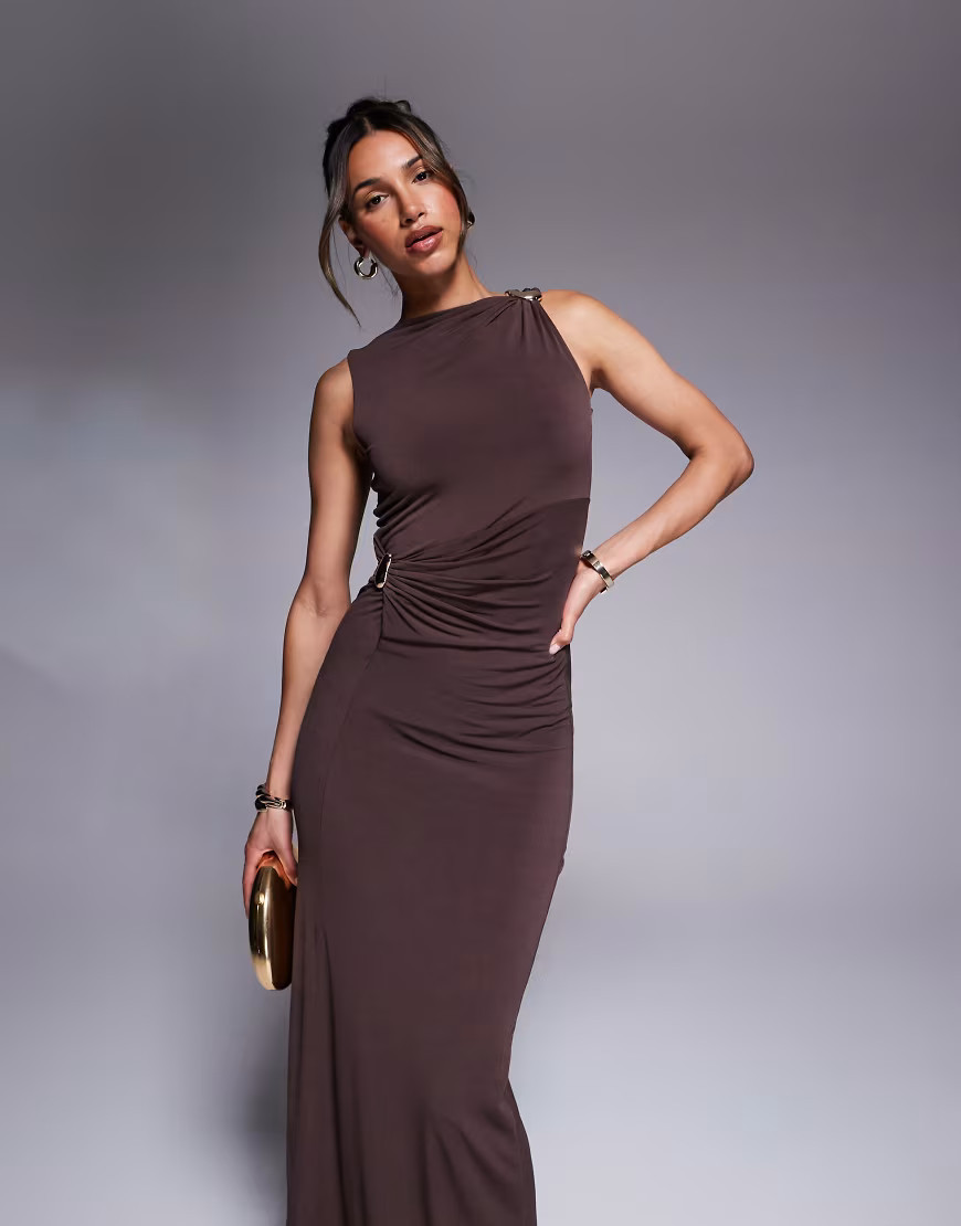 ASOS DESIGN twist hardware detail midi dress in chocolate-Brown | ASOS (Global)