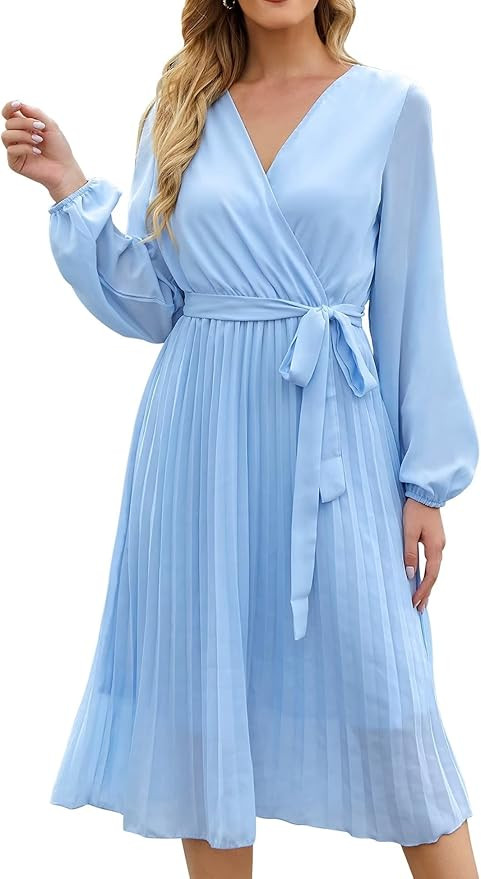 BBX Lephsnt Womens Wrap V Neck Dresses for Wedding Guest Casual Pleated Long Sleeve Mini Dress | Amazon (US)