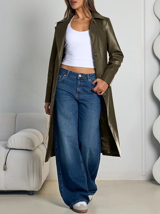 Trendy Queen Womens Long Leather Jackets Trench Coat Blazer Lapel Faux Open Front with Belt | Amazon (US)