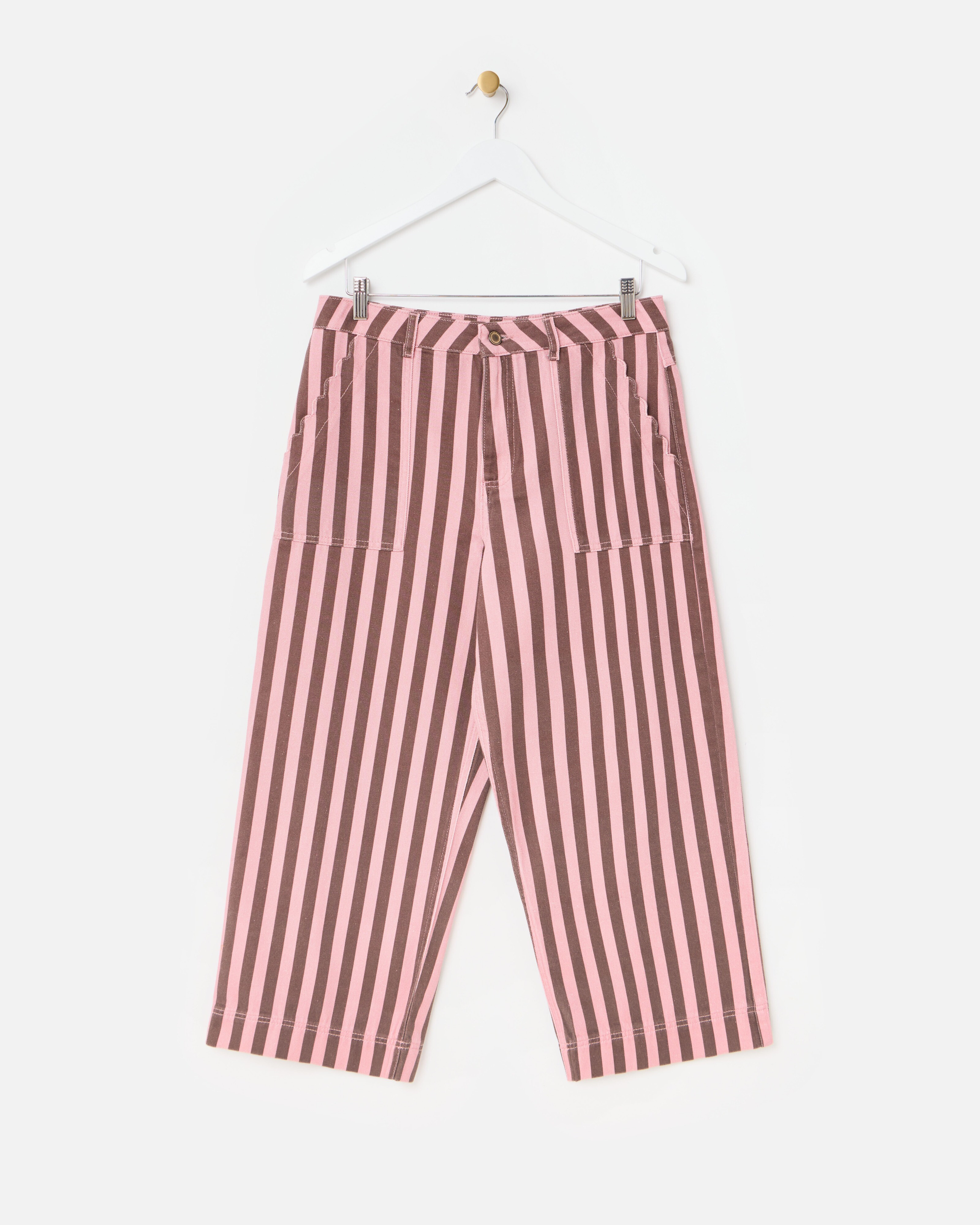 Pink & Brown Striped Scalloped Pocket Cropped Wide Leg Jeans | Oliver Bonas | Oliver Bonas (Global)