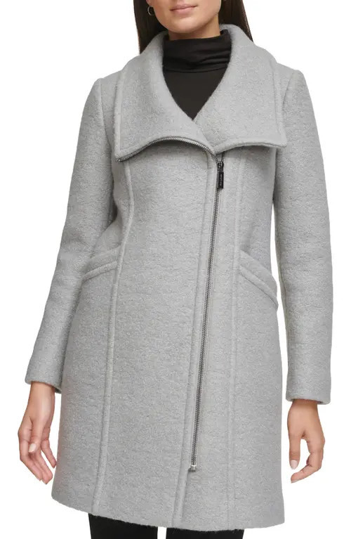 Kenneth Cole Asymmetric Zip Convertible Collar Bouclé Coat in Light Grey at Nordstrom, Size Medium | Nordstrom