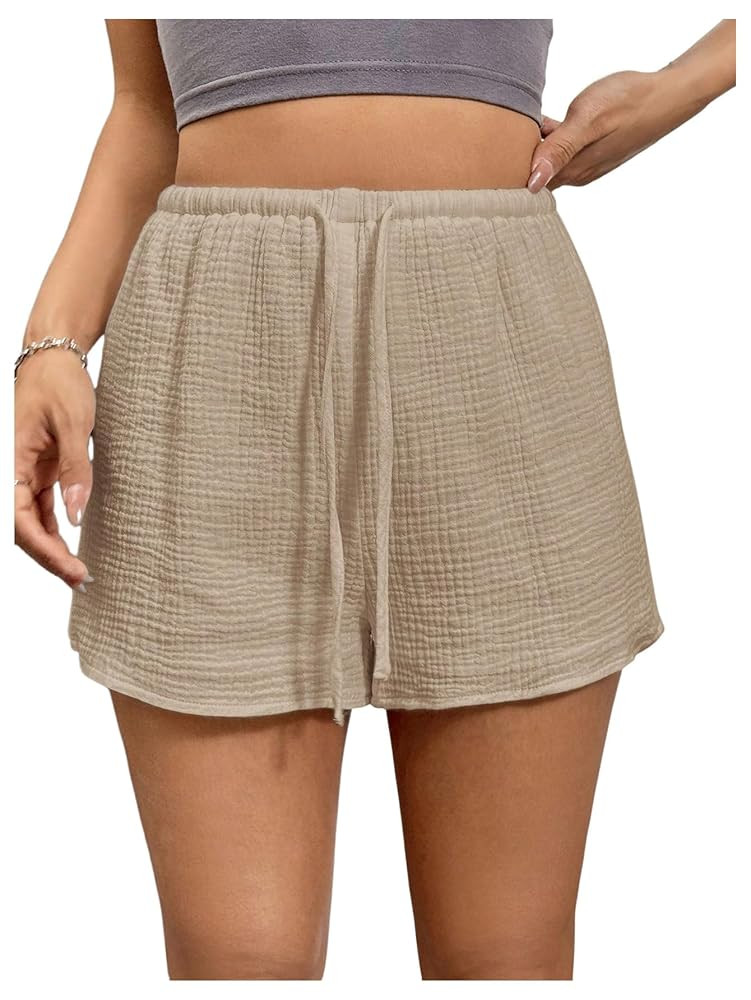 Women's Elastic High Waisted Track Shorts Casual Wide Leg Textured Drawstring Mini Shorts | Amazon (US)