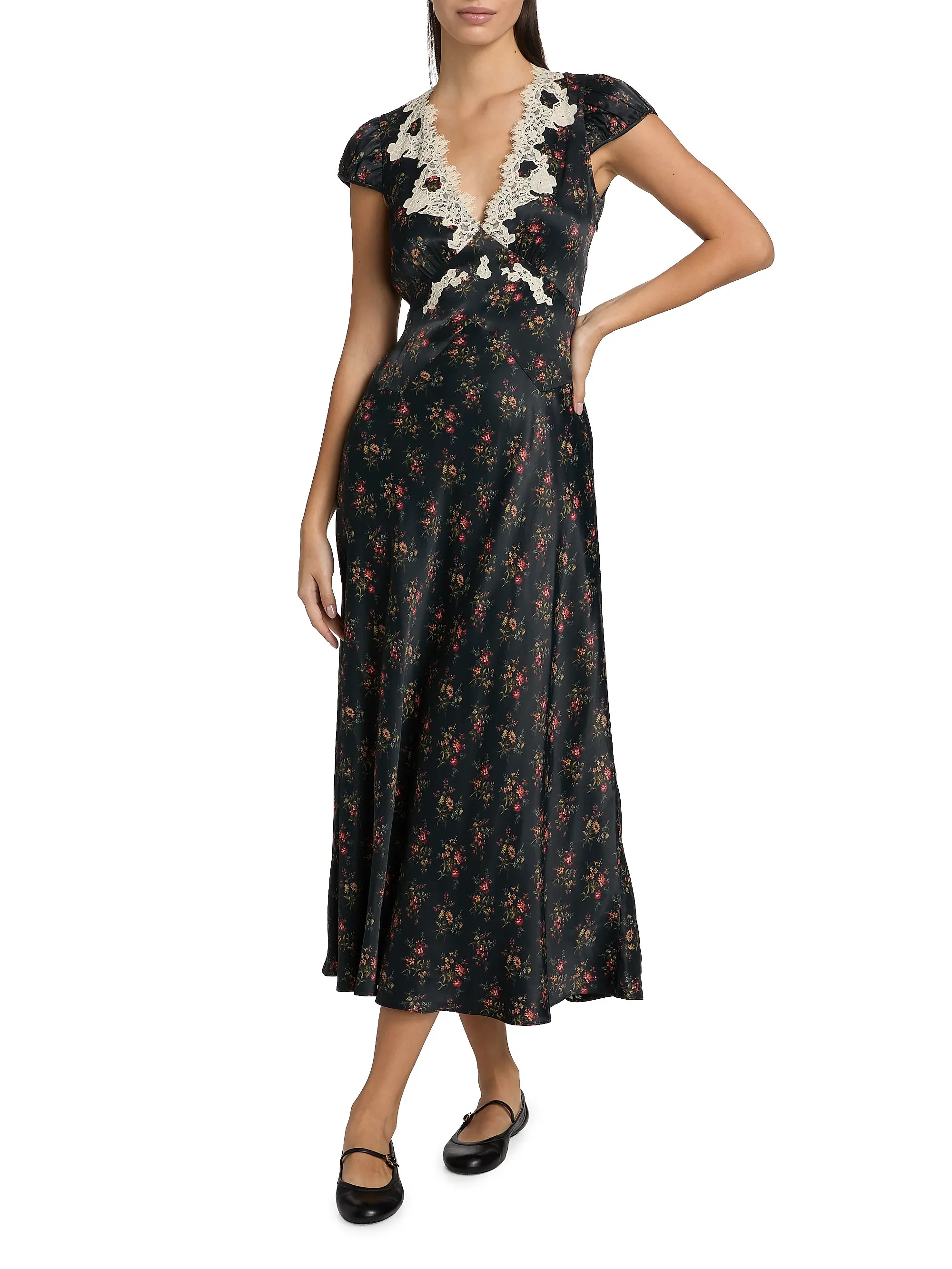 Coraline Lace-Trim Floral Satin Midi-Dress | Saks Fifth Avenue