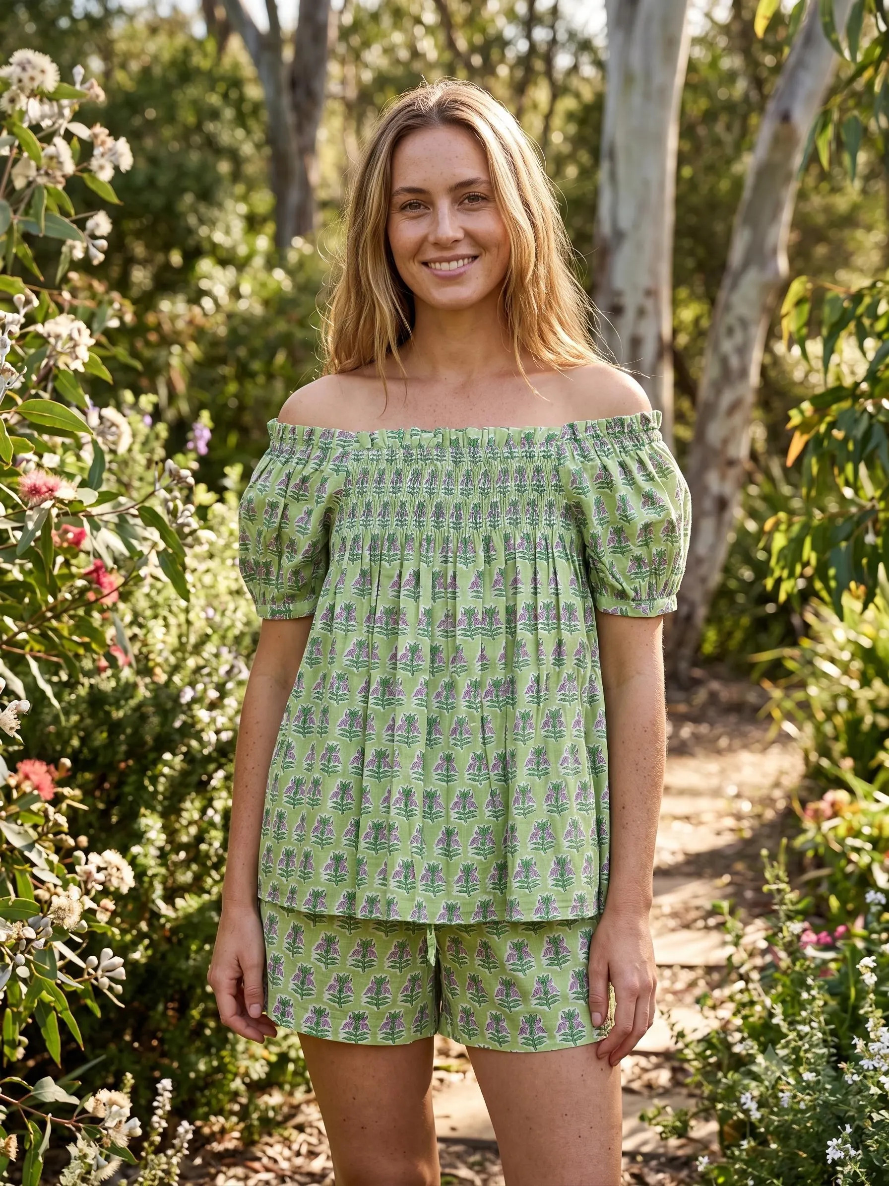 Floral Cotton Pajama Set for Women, Off Shoulder Smocked Top & Pocket Shorts | Etsy (Global)