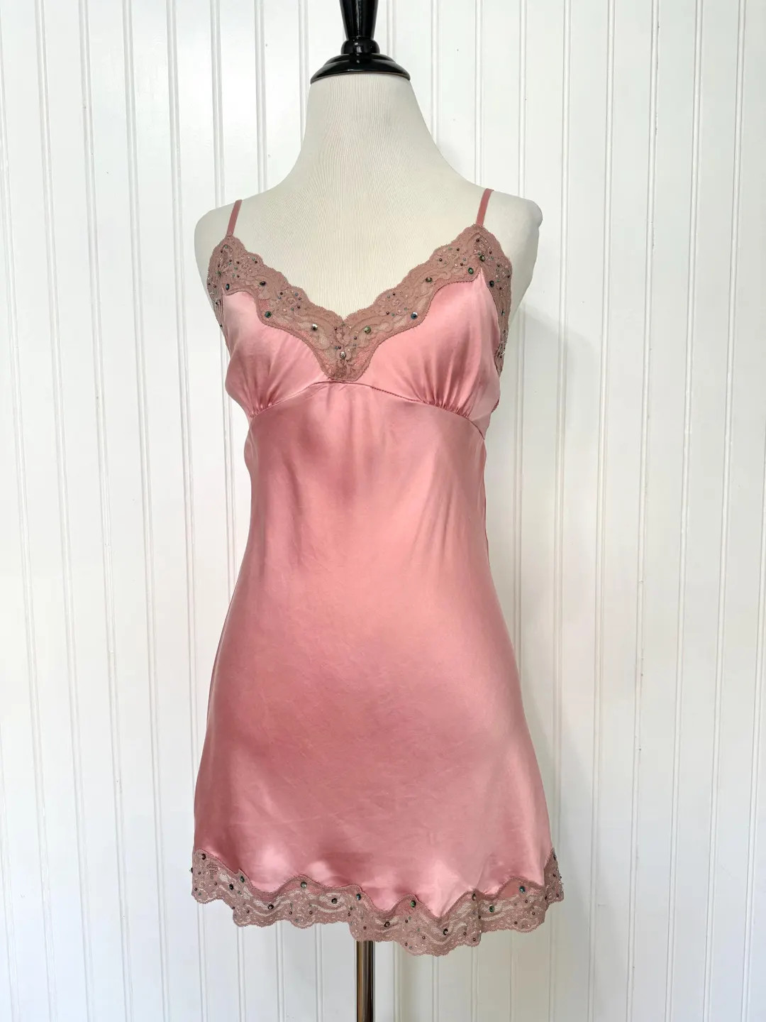 Vintage Y2K Gold Hawk Pink Slip Dress, 100% Silk and Lace Mini Slip Dress Sequin Lace Trim, Y2K S... | Etsy (US)