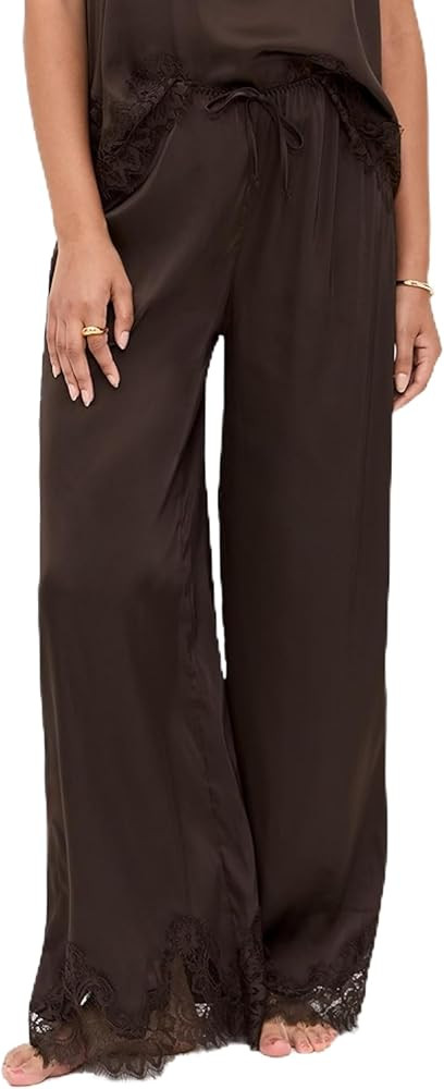 Women Satin Silk Lace Trim Pants Y2k Elastic Waist Wide Leg Pj Lounge Boxer Bottoms Trendy Causal... | Amazon (US)