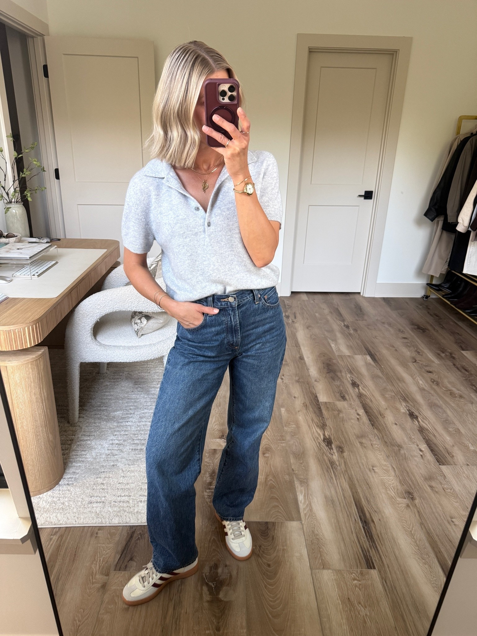 Wearing medium cashmere polo (sized up one), 25/reg jeans (sized down one), sneakers run big (sized down 1 full size)