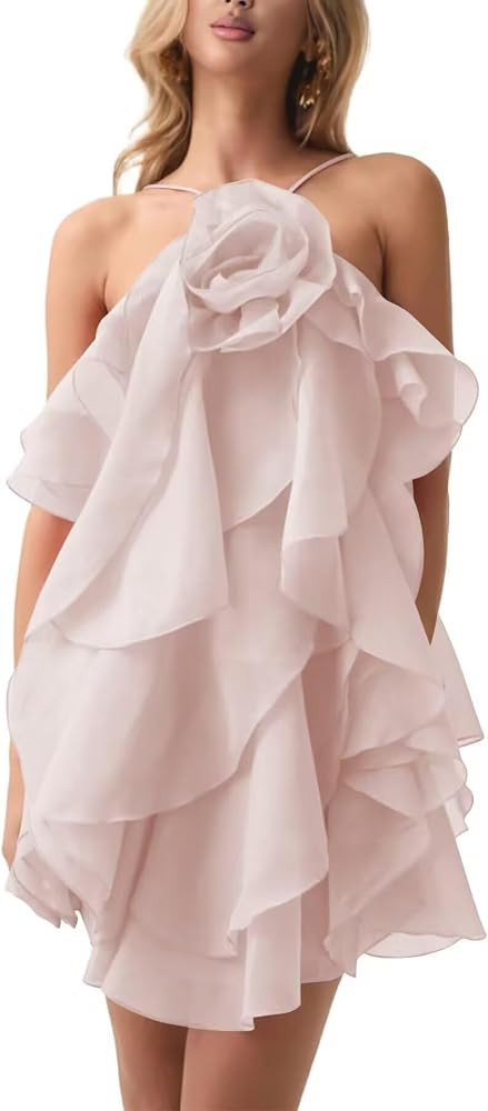 3D Flower Ruffles Homecoming Dresses Halter Short Prom Dress Tiered Cocktail Party Gown | Amazon (US)