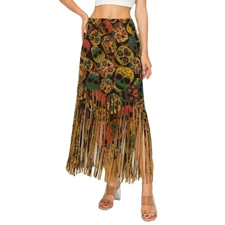 EUNANARA Women’s Asymmetrical Fringe Skirts High Waisted Elastic Waist Printed Boho Stretch Casual Midi Skirt Made In USA UX9000TS M | Walmart (US)