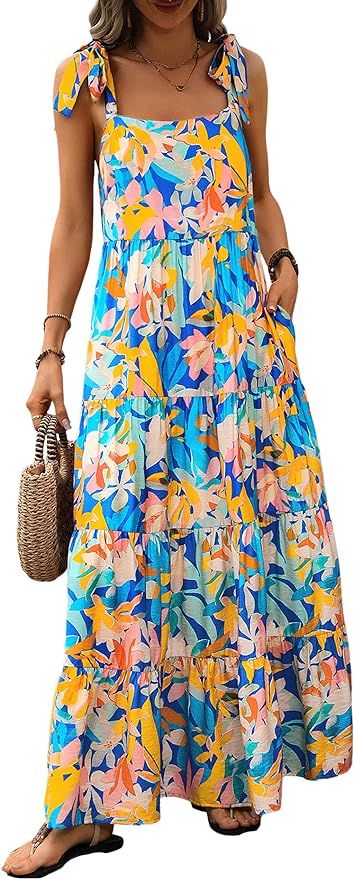 PRETTYGARDEN Women Dresses 2024 Summer Floral Sleeveless Maxi Dress Casual Spaghetti Strap Tiered... | Amazon (US)