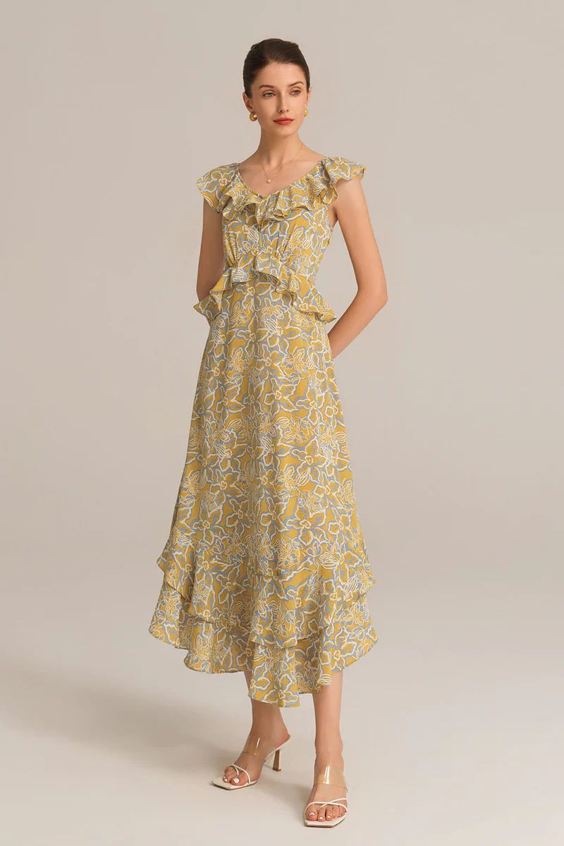 Chiffon V-Neck Sleeveless Ruffle Decorated Floral Maxi Dress - Yellow | GRACE KARIN