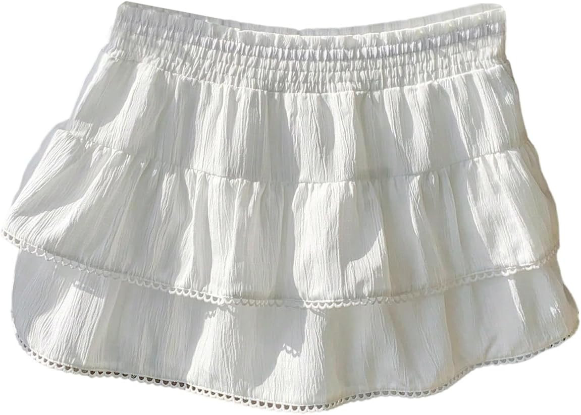 Floerns Women's Elastic Waist Layered Ruffle Mini Skort Lace Trim Cute A Line Skirt | Amazon (US)
