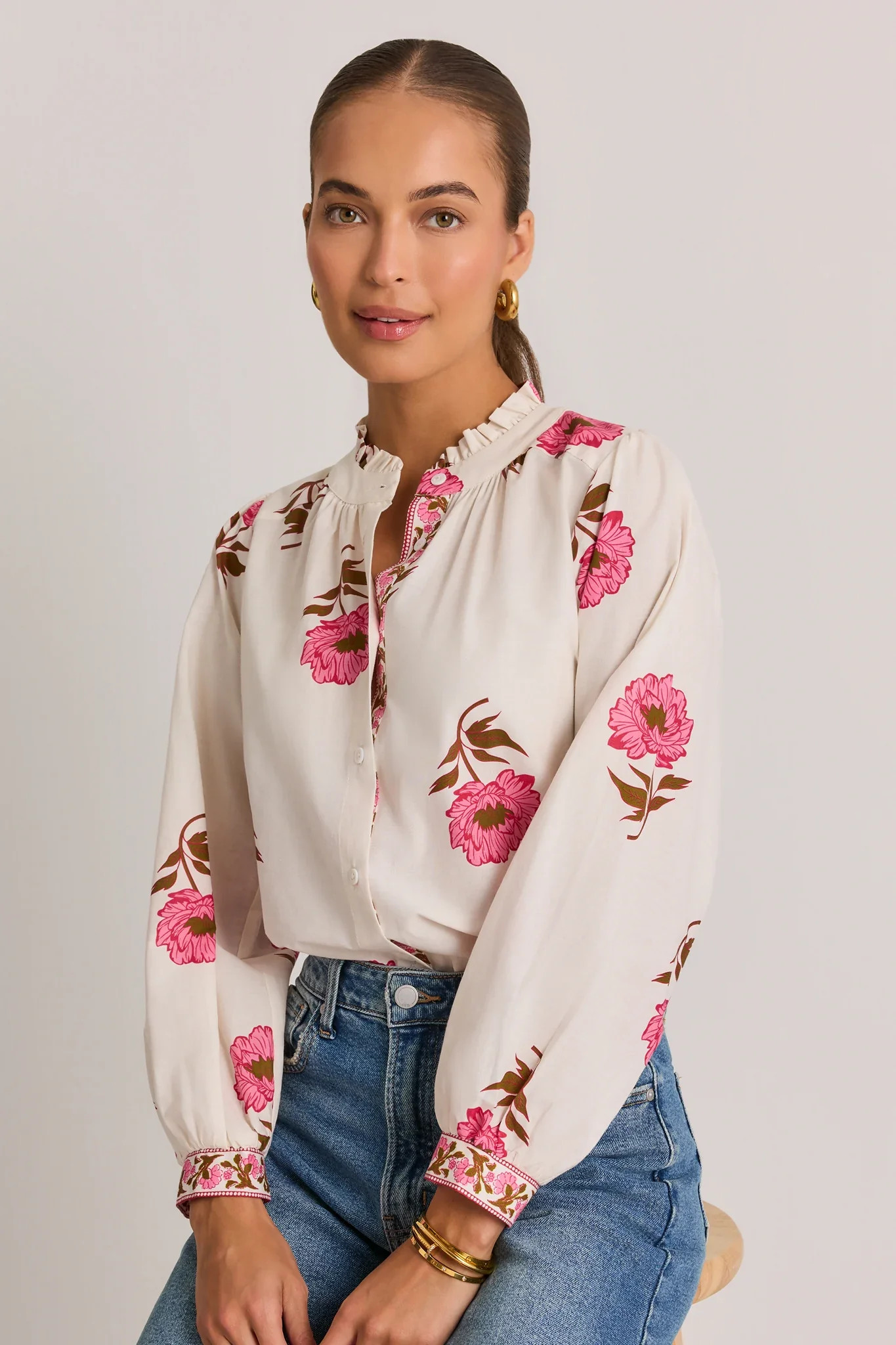 White Floral Button Up Top by THML | Avara