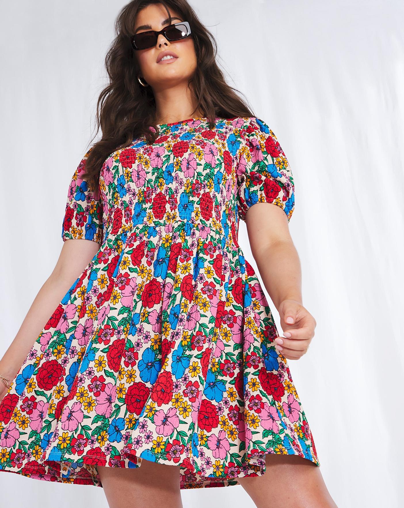 Emma Mattinson Floral Print Shirred Waffle Smock Dress | Simply Be (UK)