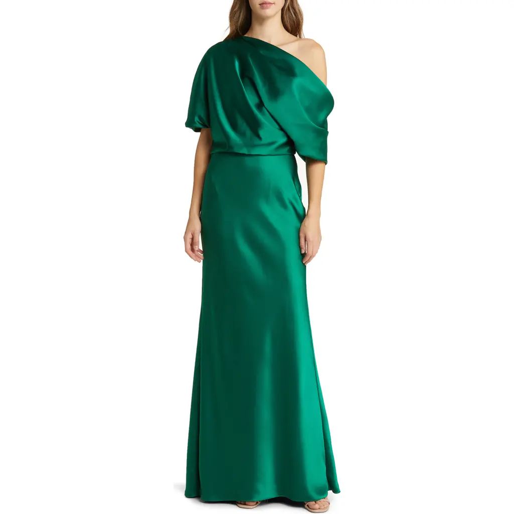 Amsale One-Shoulder Fluid Satin Gown in Emerald at Nordstrom, Size 8 | Nordstrom