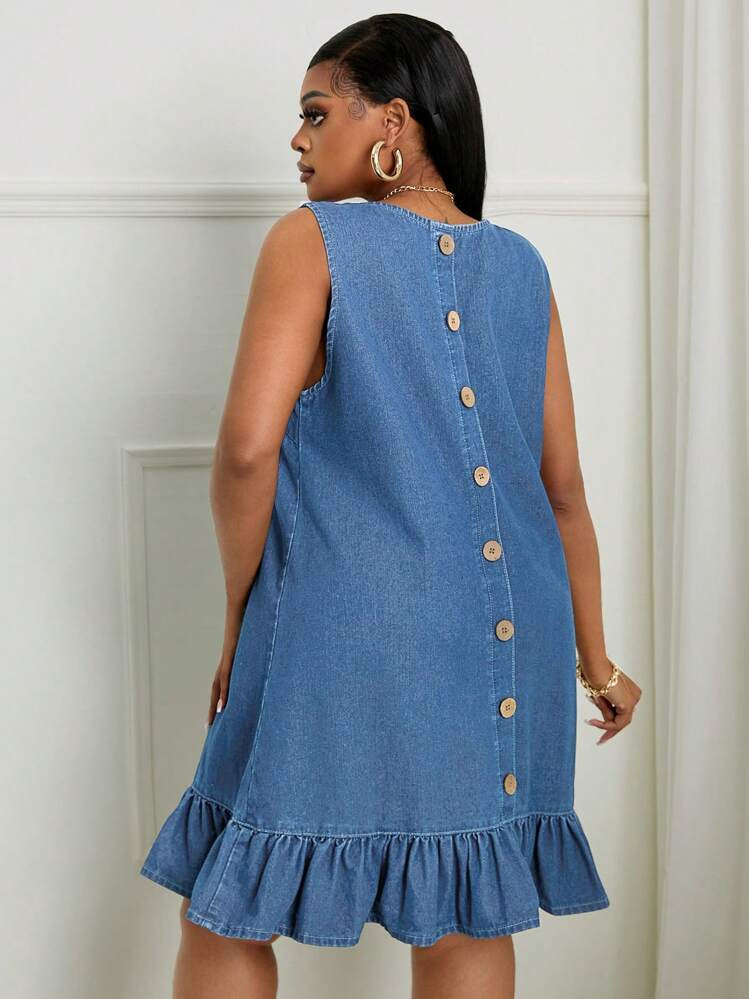 SHEIN SXY Plus Size Casual Distressed Denim Dress With Ruffle Hem, Sleeveless | SHEIN