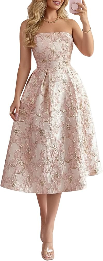 Women's Elegant Floral Midi Tube Top Dress Formal Strapless A Line Party Prom Dresses | Amazon (US)