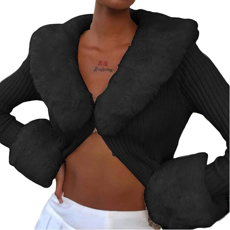 Women's Fluffy Long Sleeve V-Neck Cropped Knit Cardigan Y2K Faux Fur Button Closure Sweater Slim Car | Amazon (US)