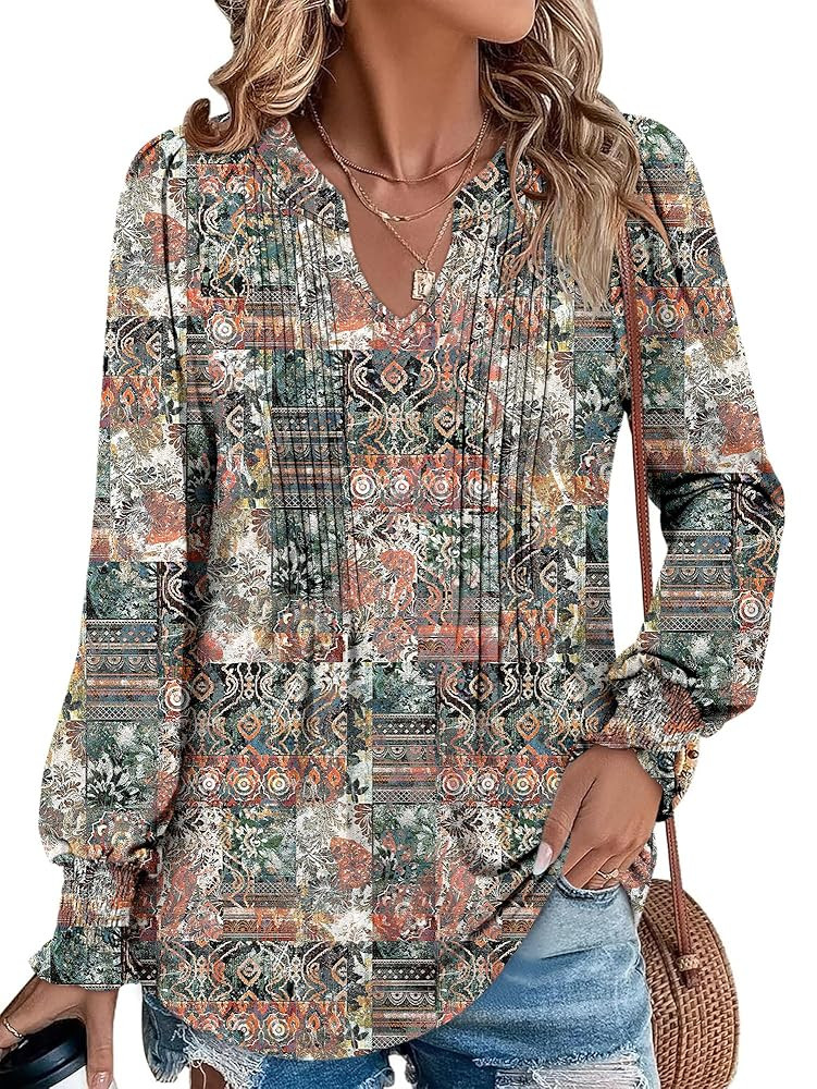 BETTE BOUTIK Long Sleeve Shirts for Women Fall Tops Dressy Blouses Pleated V Neck Tunic Tops for ... | Amazon (US)