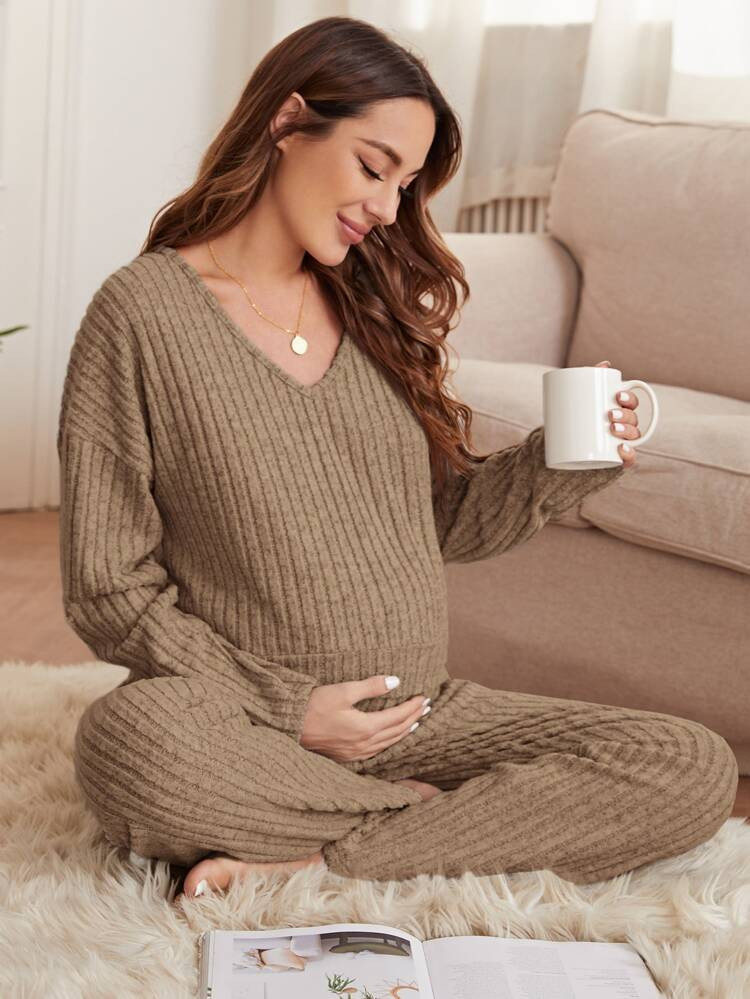 Maternity Ribbed Knit Drop Shoulder Lounge Set | SHEIN