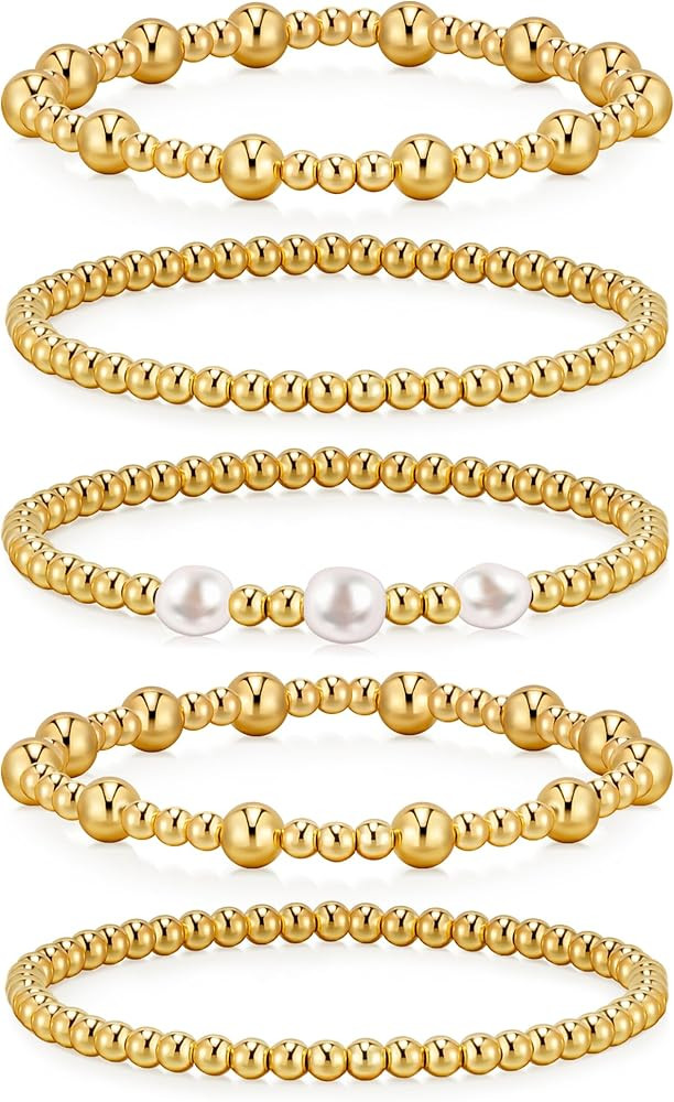 doubgood Gold Bracelets for Women, Stackable Jewelry Sets, 5 Piece Beaded Ball Bracelet Gifts for... | Amazon (US)