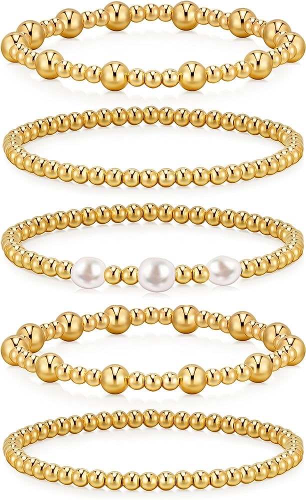 doubgood Gold Bracelets for Women Stretch Gold Beaded Bracelets for Women Girls 14K Gold Plated S... | Amazon (US)