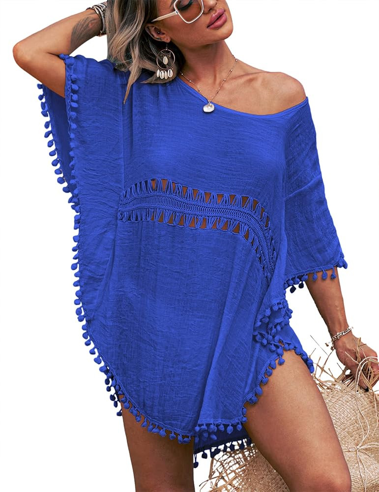 AI'MAGE Women's Crochet Chiffon Swimsuit Cover Up Summer Bathing Suit Bikini Pom Pom Beach Cover Ups | Amazon (US)