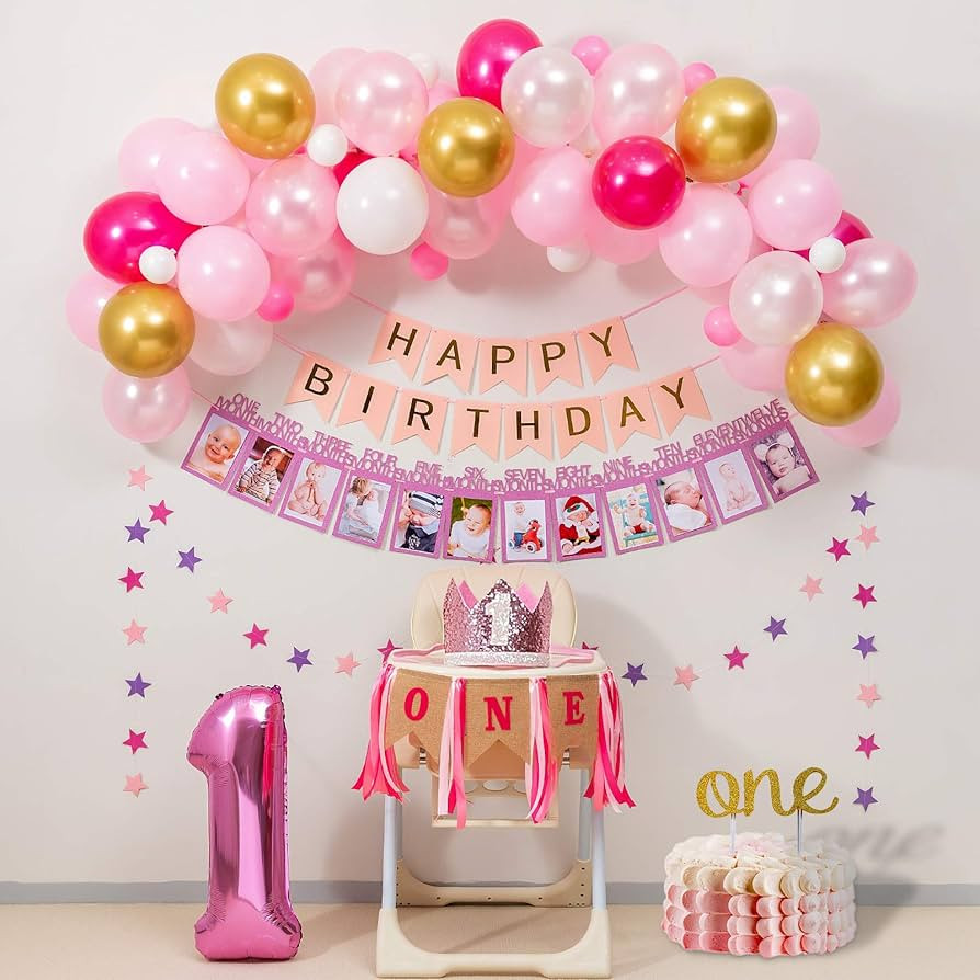 1st Birthday Girl Decorations and Pink&Gold Balloon garland kit for ONE Highchair Banner Decorati... | Amazon (US)